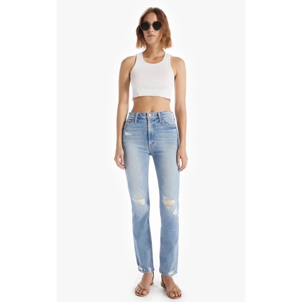 Mother Superior High Waisted Rider Skimp Jeans The Confession Distressed Blue 25
